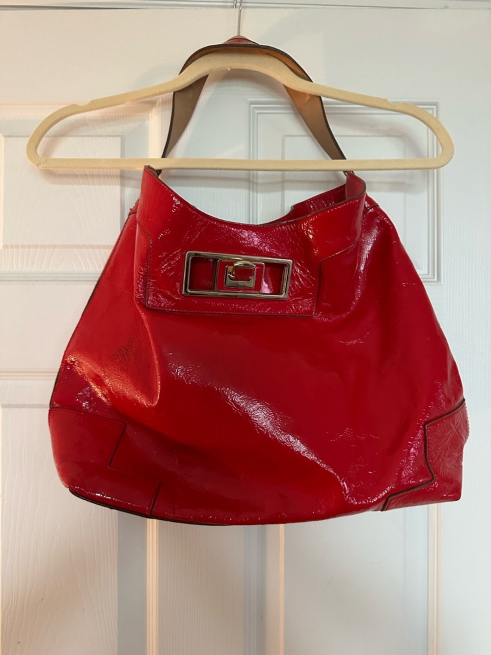 Anya Hindmarch Red Patent Hobo Bag with Front Buckle